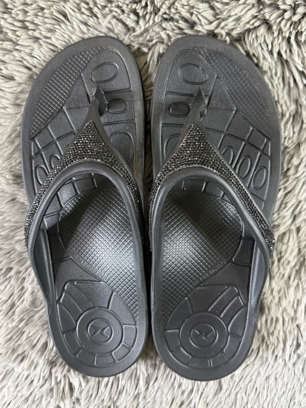 Aetrex Lynco Orthotic Rhinestone Flip Flops Black Comfort Sandals Women’s 10